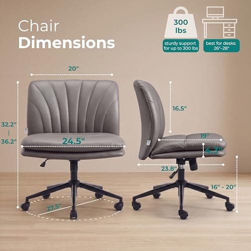NYPOT Armless Desk Chair with Wheels for Criss Cross Sitting - Cross Legged Wide Armless Chair - Adjustable Vanity 360° Swivel Stool and 120° Rocking Wide Seat Comfy for Home and Office, Color Grey