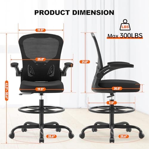 Ergonomic Drafting Chair, Tall Office Chair with Flip-up Armrests, Breathable Mesh High Desk Chair with Lumbar Support Adjustable Footrest Ring for Standing Desk Black