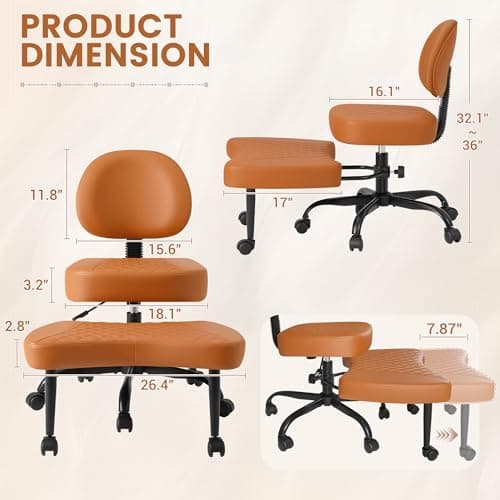 Shahoo Ergonomic Cross Legged Office Chair with Wheels - Adjustable Height Kneeling Meditation Chairs for ADHD, Yoga & Desk Work - Wide Criss Cross Seat with Lumbar Support, (Faux PU,Brown)