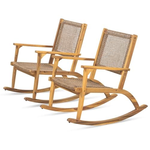 Acacia Wood Outdoor Rocking Chair Set of 2, Natural Wicker Outdoor Rockers with Wicker Rattan Seat & Backrest, 400 lbs Capacity Heavy Duty Rocker for Garden, Backyard & Balcony (Natural)