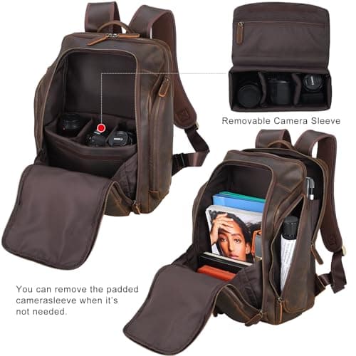 Masa Kawa Leather Backpack for Men with 16" Laptop & Camera Lens Sleeve, Multi Pockets Weekend Trip Business Travel Overnight Camping Bag, Vintage Brown
