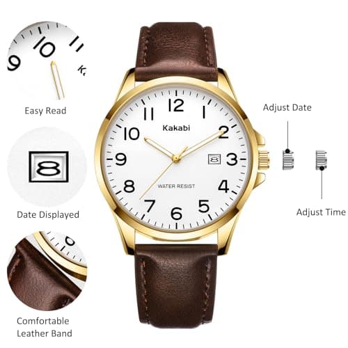 Kakabi Watch for Men, Fashion Minimalist Wrist Watch Waterproof Quartz Analog Date with Leather Strap
