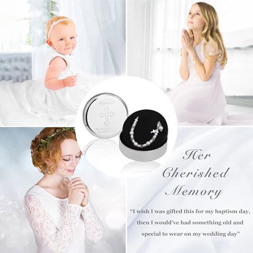 Baptism Bracelet in Sterling Silver and Cultured Pearls for Baby Girls, with Silver-plated Jewelry Keepsake Box, Great Catholic Christening and Baptism Gifts for Girl