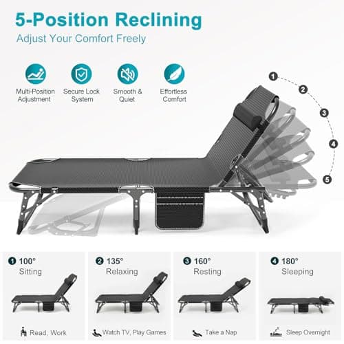 ABORON Heavy Duty Tanning Chair,Outdoor 5-Position Folding Chaise Lounge Chair with Pad,Portable Beach Lounge Chair for Outdoor Sunbathing Patio Pool Lawn Deck Poolside