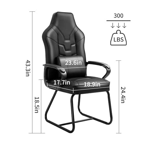 Leather Office Guest Chair No Wheels High Back Computer Reception Chairs with Padded Arms Waist Pillow for Gaming Meeting Conference Waiting Room, Black