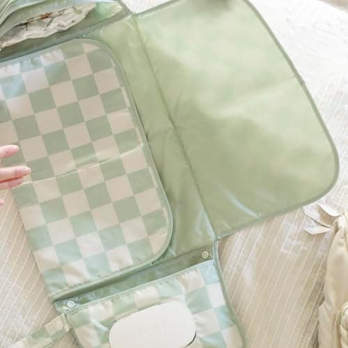 Tiny Twinkle Portable Diaper Changing Pad | Waterproof, Wipeable & Compact Baby Changing Pad for Travel | Smart Wipes Pocket & Organized Storage| Newborn Shower Gift (Sage Checkers) B0DDT2VW7T