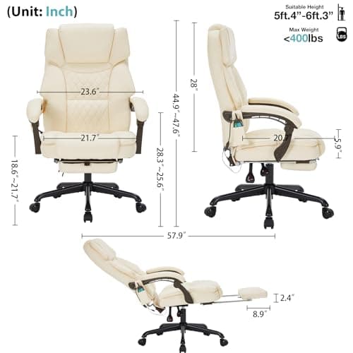 Massage Office Chair with Foot Rest 6 Points Vibration and Heat Home Office Desk Chairs for Heavy People 400lbs Reclining Managerial Chairs Ergonomic Executive Chair (Cream)
