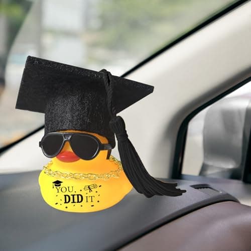 Car Dashboard Decor Graduation Hat Rubber Duck, Car Accessories Ornaments with Mini Graduation Cap, Necklace, Sunglasses for Graduates Students Grad Gift (Black) B0F26CJXTB
