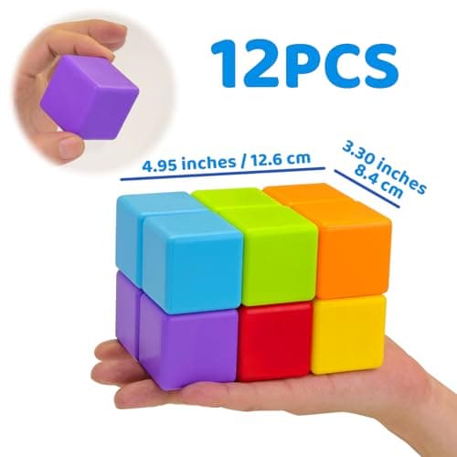 Sensory & Montessori Toys for Boys & Girls 1 2 3 Years Old, Toddler Travel Toys, Magnet Toys for Kids Birthday Gifts (12 PCS) Magnetic Building Blocks Large, 1.65 inch Stacking Cubes for Toddlers B0CHJTD1FS
