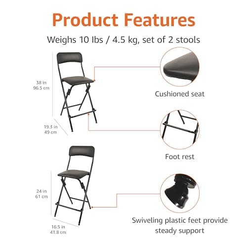 Amazon Basics Folding Bar Stool with Footrest, Portable, Sturdy, Space-Saving Storage, 300lb Capacity, 24" Height, Black, Set of 2