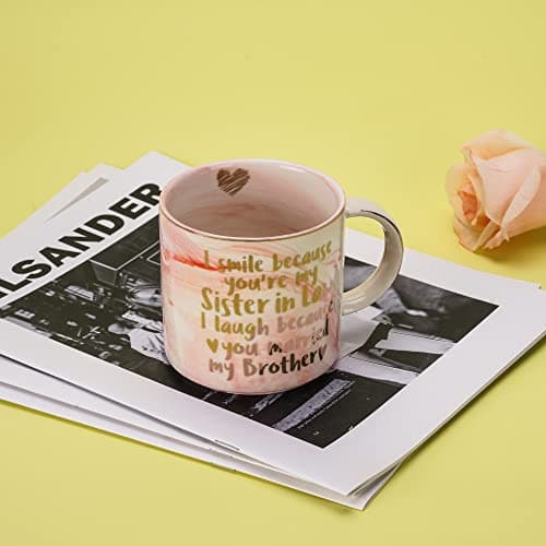 Hendson Sister In Law Gifts for Christmas - Funny Sister In Law Birthday Gift, Sis Engagement, Wedding Gift, New Sis InLaw, SIL To Be, Christmas - I Smile Because - Pink Marble Mug, 11.5oz Coffee Cup