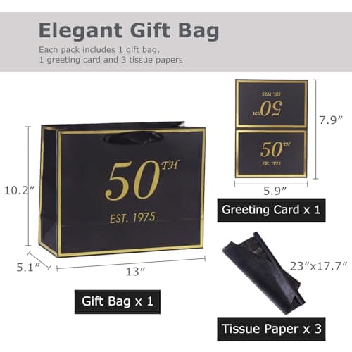 momoake 50th Birthday Gift Bag with Card and Tissue Paper for Men Women Him, 1975 50 Year Old 13" Elegant Black Gold Anniversary Keepsake Party Present Shopping Paper Bags for Gifts Wrapping