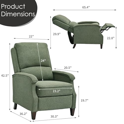 VKNOW Recliner Chair, Fabric Recliner with Soft Armrest, Home Theater Seating with Adjustable Push Back and Lumbar Support, Single Sofa for Adults, Lounge Chair for Living Room, Bedroom(Green)