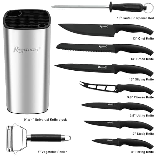 ROMANTICIST Kitchen Knife Sets, 10PCS High Carbon Stainless Steel Knife Sets with Block, Black Knife Block Set, Knives Set for Kitchen with Anti-slip Handle, Exquisite Knives Set New Home Essentials B0FL25YQ5J