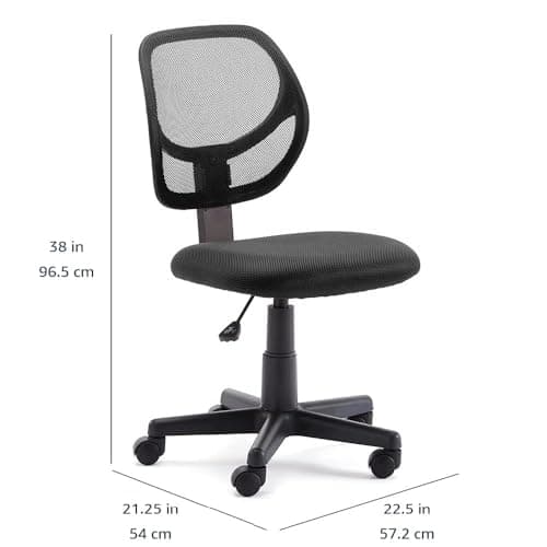 Amazon Basics Low Back Office Chair, Breathable Mesh, Height Adjustable, Padded Seat, Rolling Wheels, Swivel, Back Support, Sturdy, 21.25" D x 22.5" W x 38" H, Black