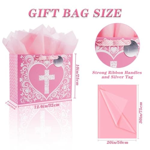JWSCYSY 12.6" Large Pink Gift Bag with Metallic Silver Floral Cross Design, Card and Tissue Paper for Baby Girl Baptisms, Christenings, First Communions Religious