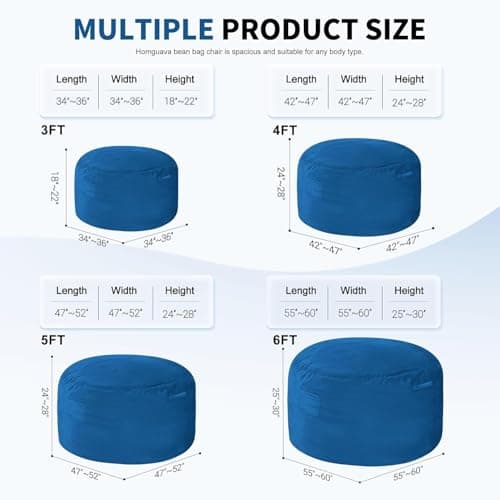 Homguava 3FT Bean Bag Chair: 3' Bean Bags with Memory Foam Filled, Large Beanbag Chairs Soft Sofa with Dutch Velvet Cover-Blue