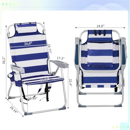 VINGLI Aluminum Backpack Beach Chair for Adults, Portable Lightweight Reclining Beach Chair with Headrest & Side Pocket, Lay Flat Beach Chair with 5 Positions for Outdoor Lawn/Fishing/Pool Lounge