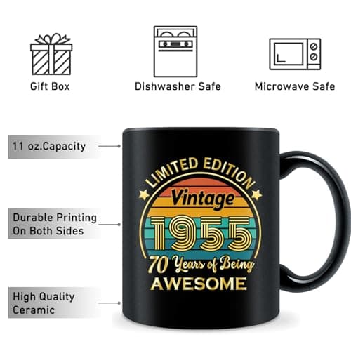QUPT 70th Birthday Gifts for Women Men, 70th Birthday Gifts for Him, 1955 Birthday Gifts for Women Men, 70 Years Old Gifts, 1955 Birthday Gifts for Her Him, 70th Birthday Presents Coffee Mug
