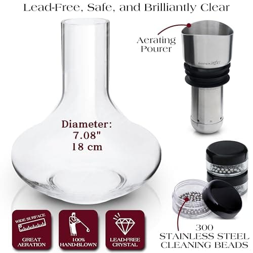 Gusto Nostro Crystal Wine Decanter with Aerator Pourer - Premium Hand-blown Lead-free Glass Wine Decanter Set for Red Wines - Carafe with Lid Filter for Smooth Pouring - Stainless Steel Spout Included