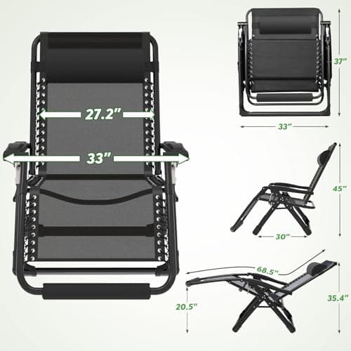 ZENPETIO Oversized Zero Gravity Chair, 33In XXL Zero Gravity Recliner Lounge Chair, Anti Gravity Chair for Indoor and Outdoor, Reclining Camping Chair for Lawn and Patio w/Cushion and Footrest, 500LBS