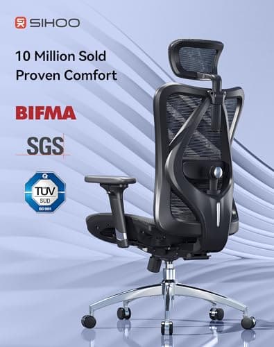 SIHOO M57 Ergonomic Mesh Office Chair, High Back Home Desk Chair with 3D Armrests, Lumbar Support and Adjustable Headrest, Comfortable Computer Chair, Big & Tall Office Chair Hold 330 LBS-Black