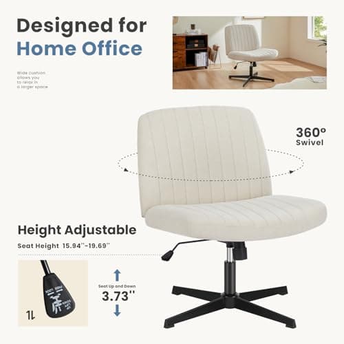 DUMOS Desk Chair No Wheels, Criss Cross Chair Wide Cross Legged Office Desk Vanity Comfy Chair, Armless Adjustable Swivel Chairs for Home Computer Task Beige