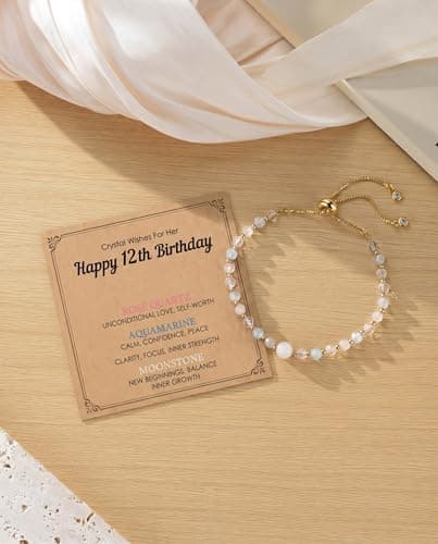 Moonstone Rose Quartz Aquamarine & Clear Quartz, Adjustable Bolo Chain, Birthday Blessing Card & Pouch for Teens Tweens HGDEER Her Milestone Birthday, Crystal Wishes Bracelet Gifts for Girls B0GR99N15M