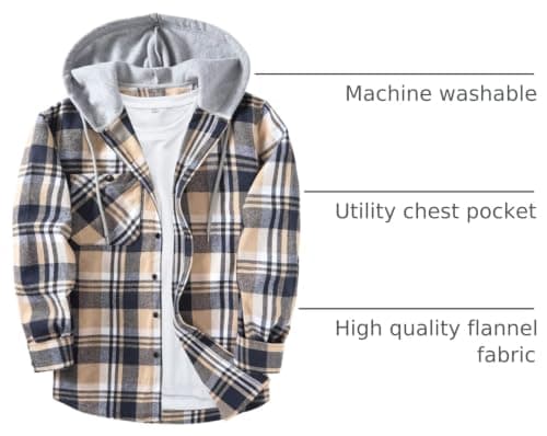 Big Tall, with Pocket, Adjustable Cuffs, Machine Wash, Business,Work, Office, Vacation, Graduation, Wedding, Party, Daily ZITY Men's Flannel Hoodie Shirts Casual Button Down Long Sleeve Plaid Shirt B0BB2JC2QX