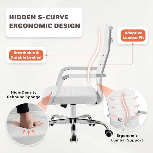 Furmax Ergonomic Office Desk Chair, Executive Ribbed Mid-Back PU Leather Conference Room Chair Adjustable Swivel Chair with Arms (1, White)