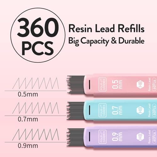 Four Candies Cute Mechanical Pencil Set, 6PCS Pastel Mechanical Pencils 0.5 mm & 0.7mm & 0.9mm with 360PCS Leads, 3PCS Erasers and 9PCS Eraser Refills, Aesthetic Pencils for Girls Writing, Art Drawing