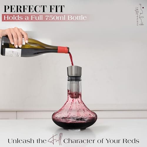 Gusto Nostro Crystal Wine Decanter with Aerator Pourer - Premium Hand-blown Lead-free Glass Wine Decanter Set for Red Wines - Carafe with Lid Filter for Smooth Pouring - Stainless Steel Spout Included