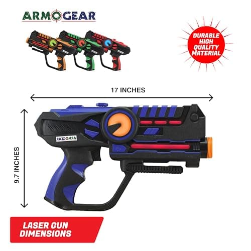 ArmoGear Set of 4 Laser Tag Guns with Vests - Laser Tag Set for Kids and Adults - Toy Guns with 150 ft Range, Night Vision, Invisibility Mode - Battery Operated - Multiplayer Outdoor Game for Ages 8+