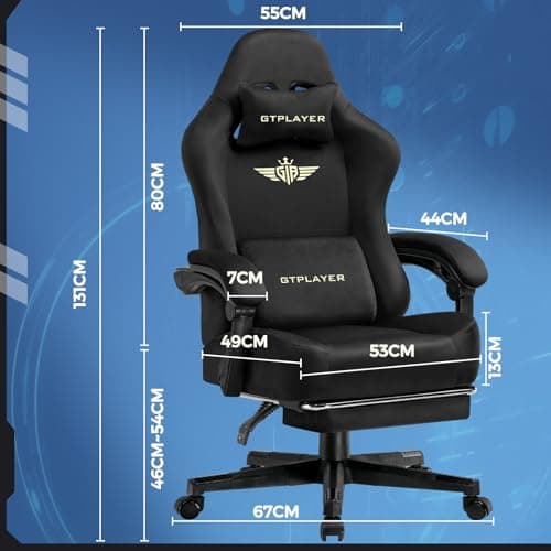 GTPLAYER Big and Tall Gaming Chair Fabric with Pocket Spring Cushion, High Back Ergonomic Computer Chair with Footrest for Adults Lumbar Support Swivel Game Chair for Office Gaming 350LBS, Black