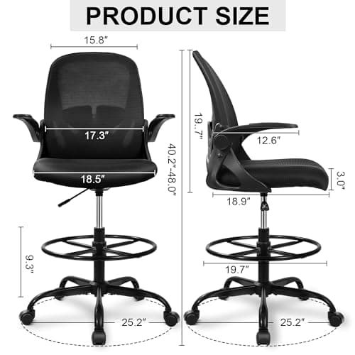 Primy Drafting Chair Tall Office Chair with Flip-up Armrests Executive Ergonomic Computer Standing Desk Chair with Lumbar Support and Adjustable Footrest Ring (Black)