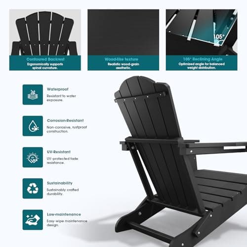 THOEOE Folding Adirondack Chair,HDPE All-Weather Outdoor Chair with Cup Holder,Wooden Textured,Fire Pit Chair,Plastic Patio Chair for Deck,Backyard,Garden,Lawn, Black