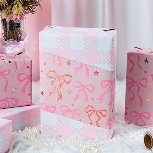 Reversible Plaid Gift Paper for Girl Baby Shower, Birthday, Wedding, Bridal Shower, Memorial Day, 17 Inch x 33 Feet MAYPLUSS Pink Wrapping Paper Roll, Cute Bow Gift Wrap B0DXV62X5W