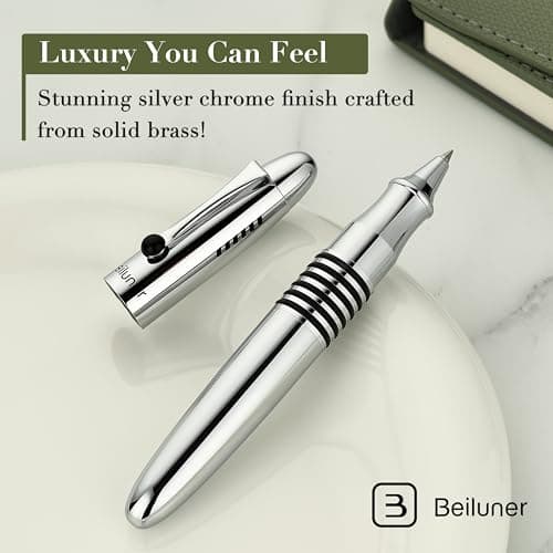 BEILUNER 320 Silver Chrome Rollerball - Stunning Luxury Pen with Chrome Finish, EDC, Heavy, Schmidt Black Ink Refill, Best Gift Set for Men & Women, Professional, Executive Office, Nice Classic Pens