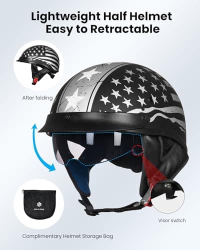ILM Half Helmet Motorcycle Open Face Sun Visor Quick Release Buckle DOT Approved Cycling Motocross Suits Men Women 205V (M, Patriotic Flag)
