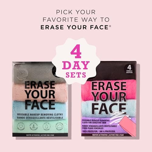 ERASE YOUR FACE Reusable Makeup Remover Cloths - Microfiber Face Towels to Cleanse & Remove Makeup - Water Activated for Sensitive Skin - Multi-Color (4 Count)