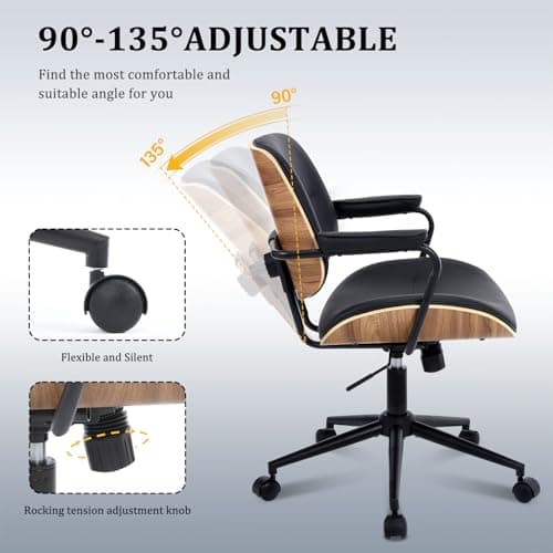 BV BONNE VIE Mid Century Walnut Office Chair with Arms, Adjustable Swivel Desk Chair, Leather Computer Chair with Rolling Wheels for Home Office or Study Room, Black