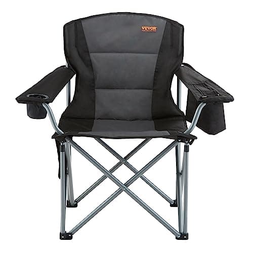 VEVOR Oversized Camping Folding Chair, Portable Heavy Duty Outdoor Quad Lumbar Back Padded with Side Pockets, Cup Holder and Cooler Bag for Beach, Lawn, Picnic, Fishing, Backpacking, Black