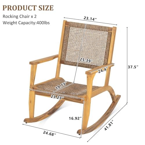 Acacia Wood Outdoor Rocking Chair Set of 2, Natural Wicker Outdoor Rockers with Wicker Rattan Seat & Backrest, 400 lbs Capacity Heavy Duty Rocker for Garden, Backyard & Balcony (Natural)