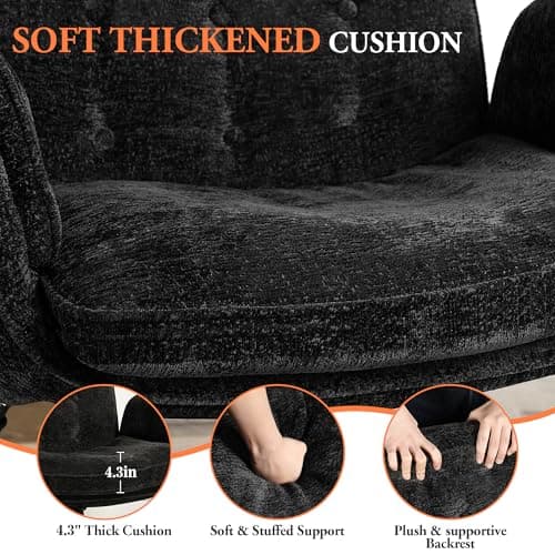 Criss Cross Chair with Wheels & Arms, Chenille Cross Legged Office Chair with 5-level Folding Armrest, Comfortable Adjustable Swivel Vanity Chair for Home, Make Up, Bed Room, Office, Accent (Black).