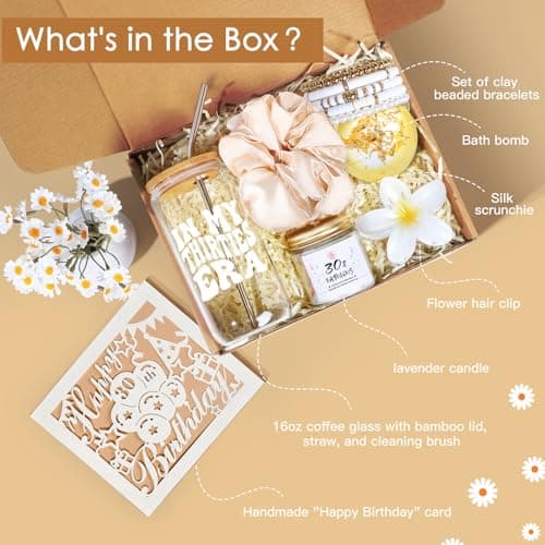 30th Birthday Gifts for Women, Unique 30 Year Old Birthday Gifts for Women, 30th Bday Decorations for Her, Gift for 30th Bday Woman w/ 16oz Coffee Cup, Candle, Bracelet, Hair Clip, Card, 7PCS