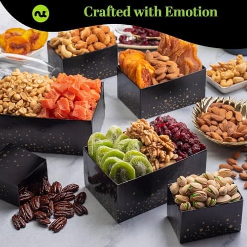 NUT CRAVINGS - Diwali Sweets Hamper Dried Fruit & Mixed Nuts Gift Basket in Black Tower + Ribbon (12 Assortments) Food Arrangement, Healthy Snack Care Package, Food Assortments