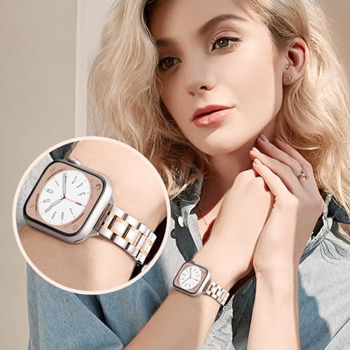 Slim Metal Band for Apple Watch Bands for Women 41mm 40mm 42mm(S10/11) 38mm iWatch Bands, Thin Dressy Fancy Strap for Apple Watch Band Series 10 11 Series 9 8 SE 7 6 5 4 3-Starlight+Rose Gold
