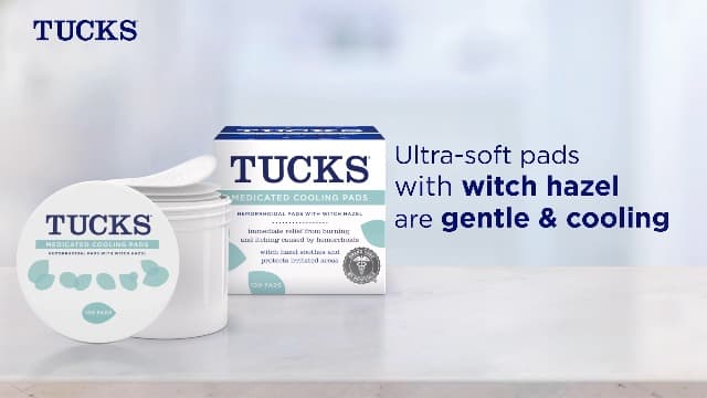 Witch hazel pads designed for sensitive areas and used by hospitals for hemorrhoid symptom relief, also postpartum essentials TUCKS Medicated Cooling Pads, Witch Hazel Hemorrhoid Treatment, 100 Count B06ZYLFV8L