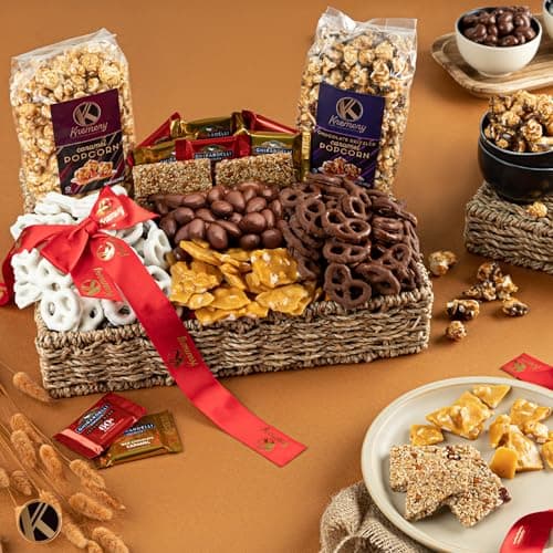 KREMERY Creamy Chocolate Cravings - Holiday Christmas Chocolate Covered Pretzels & Caramel Popcorn Gift Basket, in Seagrass Tray + Ribbon (Deluxe, 3.5 lbs) Xmas Treats Food Arrangement, Kosher
