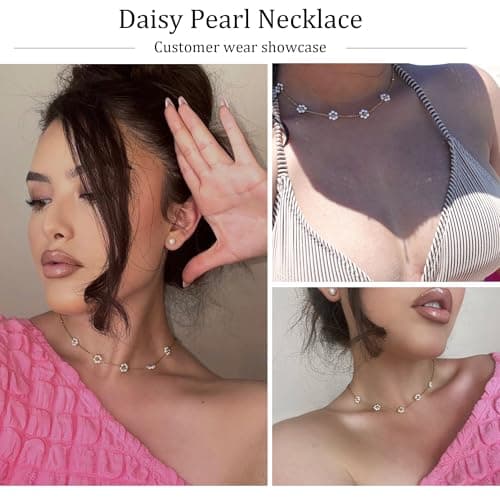 SmileBelle Pearl Necklaces for Women, Daisy Pearl Choker as Christmas Stocking Stuffers for Teens, Silver Daisy Pearls Jewelry Trendy Stuff Birthday Gifts 3 Pearls White Necklace as Wedding Jewelry